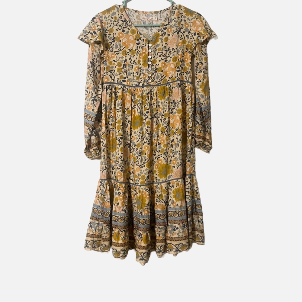 BELA & NUNI Boutique Yellow Floral Long Sleeve Maxi Cottage Dress Youth Sz 14